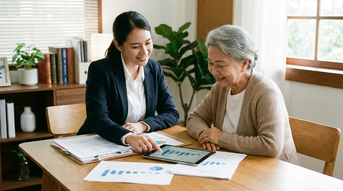 Eine ältere Frau sitzt mit einer Beraterin am Tisch, vor ihnen liegen übersichtlich geordnete Papiere. Die Beraterin erklärt freundlich die Details, während die Seniorin zufrieden nickt.