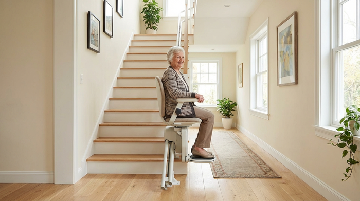Ein moderner Treppenlift in einem hellen, freundlichen Flur eines Einfamilienhauses. Eine ältere Dame fährt sicher und bequem die Holztreppe hinauf.