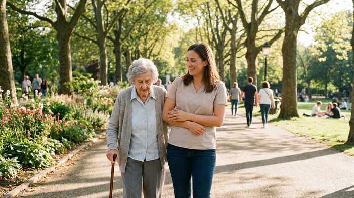 Eine fürsorgliche Pflegekraft stützt eine ältere Dame sanft beim gemeinsamen Spaziergang in einem sonnigen Park. Im Hintergrund sind grüne Bäume zu sehen, die Stimmung ist entspannt und vertrauensvoll.