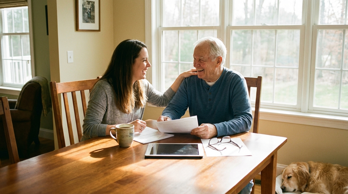 Eine erwachsene Tochter sitzt mit ihrem älteren Vater am Esstisch und bespricht entspannt Dokumente. Eine Tasse Kaffee steht auf dem Holztisch, die Atmosphäre ist hell, positiv und lösungsorientiert.