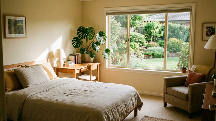 Ein gemütlich eingerichtetes, helles Gästezimmer für eine Betreuungskraft mit einem bequemen Bett, einem kleinen Schreibtisch, einer Zimmerpflanze und einem großen Fenster mit Blick in einen gepflegten Garten.