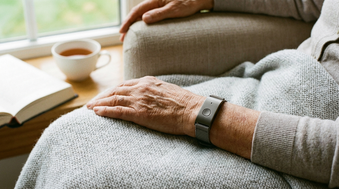 Ein moderner, unauffälliger Hausnotruf-Knopf am Handgelenk eines Senioren. Die Hand ruht entspannt auf einer weichen, hellgrauen Kuscheldecke in einem gemütlichen Sessel.