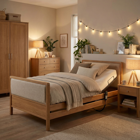 Ein modernes, elektrisches Pflegebett in einem freundlich eingerichteten Schlafzimmer mit Holzmöbeln und sanfter Beleuchtung. Das Bett sieht komfortabel aus und fügt sich harmonisch in die wohnliche Umgebung ein, ohne wie ein steriles Krankenhausbett zu wirken.