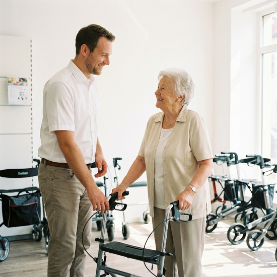 Ein freundlicher Berater im Sanitätshaus zeigt einer älteren Dame verschiedene Mobilitätshilfen. Helle, saubere Umgebung mit verschiedenen Rollatoren im Hintergrund. Fokus auf die zugewandte und professionelle Beratungssituation.