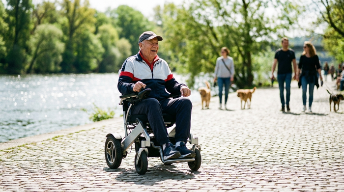Ein aktiver Senior fährt mit einem modernen Elektrorollstuhl über einen gepflasterten Weg in einem sonnigen Park an einem Flussufer. Er lächelt und genießt die Unabhängigkeit an der frischen Luft. Im Hintergrund sind unscharf grüne Bäume zu erkennen.