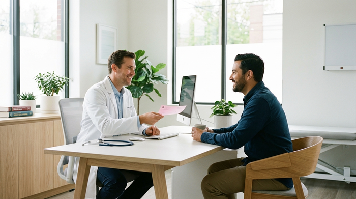Ein Arzt im weißen Kittel sitzt an seinem Schreibtisch und überreicht einem aufmerksamen Patienten ein rosafarbenes Rezept. Die Praxis ist hell und modern, die Stimmung ist vertrauensvoll und professionell.