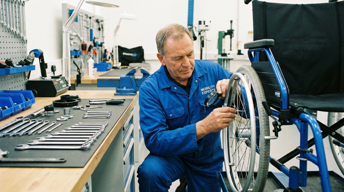 Ein Servicetechniker in sauberer Arbeitskleidung prüft konzentriert die Mechanik an den Rädern eines Rollstuhls. Werkzeuge liegen ordentlich daneben. Die Szene strahlt Zuverlässigkeit und handwerkliche Kompetenz aus.