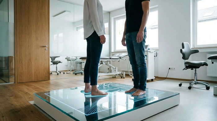 Eine moderne, saubere Podologie-Praxis. Ein Patient steht barfuß auf einer hell leuchtenden, digitalen 3D-Scanner-Glasplatte zur Fußvermessung. Professionelle, medizinische Atmosphäre ohne sichtbaren Text.