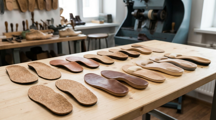 Verschiedene hochwertige orthopädische Einlagen aus Kork, Leder und weichem Schaumstoff liegen ordentlich arrangiert auf einem hellen Holztisch in einer Orthopädiewerkstatt. Im Hintergrund unscharfes Werkzeug.
