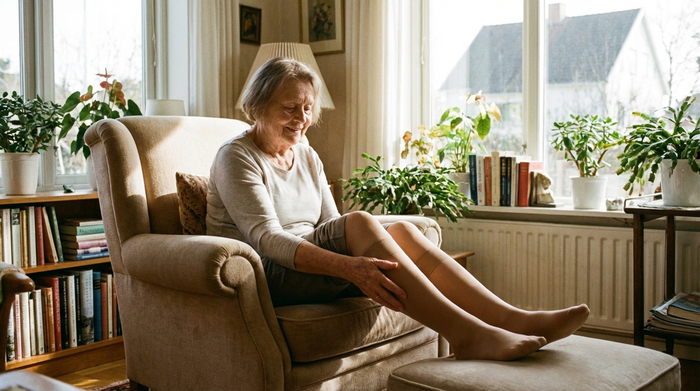 Eine ältere Dame sitzt entspannt auf einem bequemen Sessel in einem hellen Wohnzimmer und streicht sanft über ihre Unterschenkel. Sie trägt unauffällige, hautfarbene Kompressionsstrümpfe.