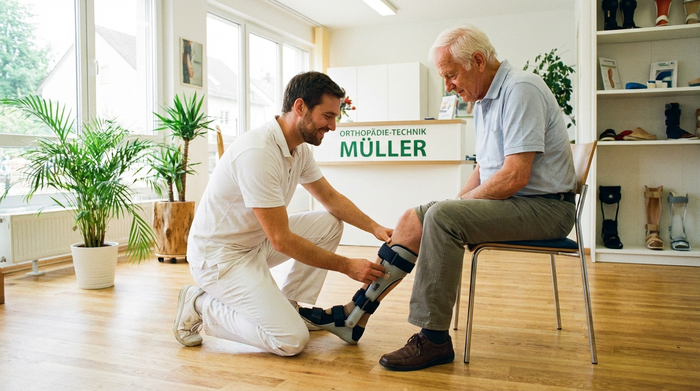 Ein freundlicher Orthopädietechniker in weißer Berufskleidung kniet vor einem älteren Patienten und hilft diesem behutsam beim Anpassen eines Hilfsmittels an den Beinen. Helle, vertrauensvolle Umgebung im Sanitätshaus.