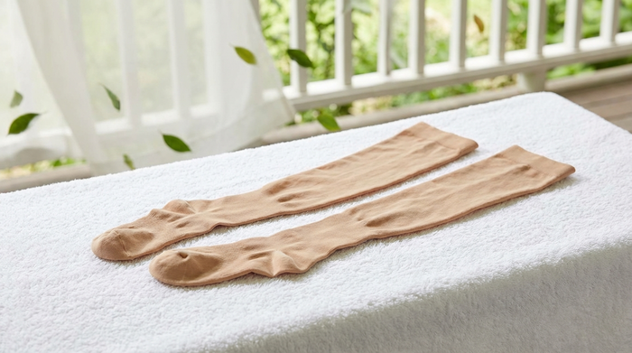 Ein Paar saubere, hautfarbene Kompressionsstrümpfe liegt flach zum Trocknen auf einem weißen, flauschigen Handtuch an einem schattigen, luftigen Ort. Keine direkte Sonneneinstrahlung.