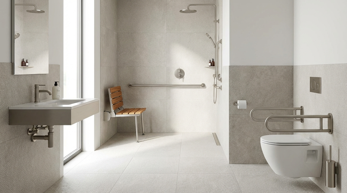 Ein helles, modernes und barrierefreies Badezimmer mit einer bodengleichen Dusche und einem klappbaren Duschsitz. Sauber, rutschfeste Fliesen, elegante Armaturen, realistische Raumaufnahme ohne Text.