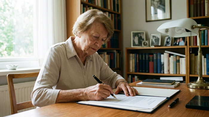Eine fokussierte ältere Frau sitzt am Schreibtisch und unterschreibt ein wichtiges Dokument mit einem Füllfederhalter. Ordentliches Arbeitszimmer, weiches Tageslicht, realistische Fotografie ohne lesbaren Text.