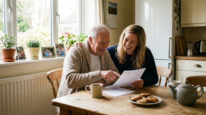 Ein älterer Herr sitzt mit seiner Tochter an einem Holztisch in einer hellen Küche und betrachtet entspannt einige Dokumente. Eine Tasse Kaffee steht auf dem Tisch. Natürliches Licht, positive und familiäre Stimmung.