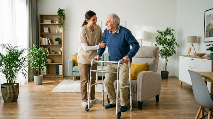 Eine fürsorgliche Pflegekraft stützt einen älteren Mann sanft beim Aufstehen aus einem Sessel in einem aufgeräumten, modernen Wohnzimmer. Realistische, alltägliche Pflegesituation, respektvoller Umgang.