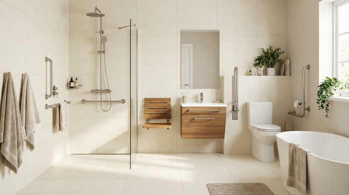 Ein modernes, barrierefreies Badezimmer mit einer bodengleichen Dusche, eleganten silbernen Haltegriffen und großen, hellen Fliesen. Sauber, sicher und altersgerecht eingerichtet, ohne medizinisch zu wirken.