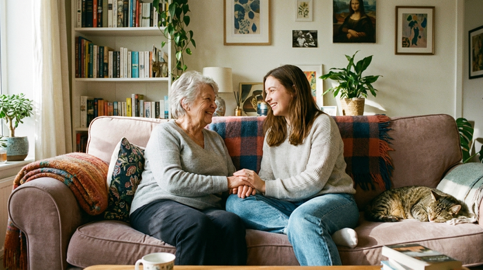 Zwei Frauen sitzen gemütlich auf einem bequemen Sofa, eine davon ist eine zufriedene Seniorin, die andere jünger. Sie lächeln sich an und halten sich an den Händen. Eine entspannte, sorgenfreie Atmosphäre im heimischen Wohnzimmer.