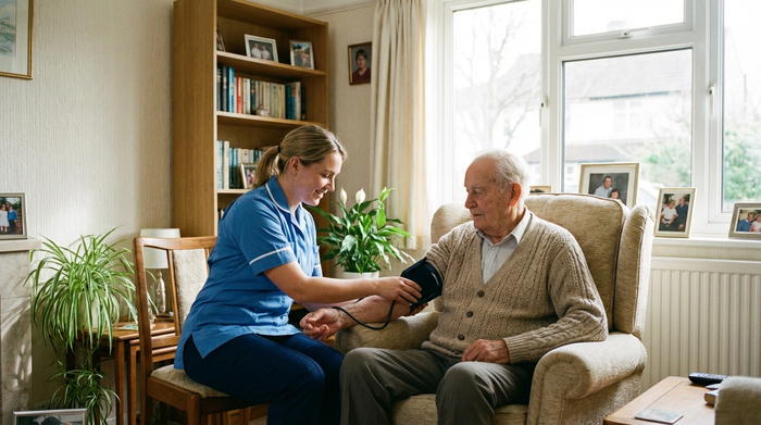 Eine professionelle Pflegekraft misst sanft den Blutdruck eines älteren Herrn, der bequem in einem Sessel in seinem aufgeräumten Wohnzimmer sitzt. Helles Tageslicht, ruhige und fürsorgliche Stimmung, realistische Fotografie.
