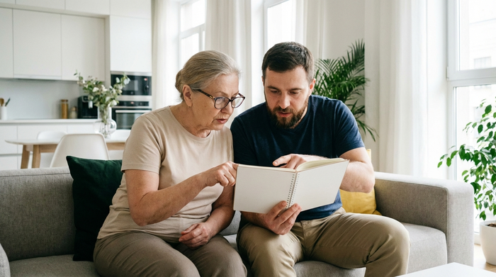 Ein erwachsener Sohn sitzt mit seiner älteren Mutter auf dem Sofa und sie schauen gemeinsam in ein aufgeschlagenes Notizbuch. Beide wirken konzentriert und besprechen wichtige Dinge in einer modernen, hellen Wohnung. Keine Texte auf den Seiten.