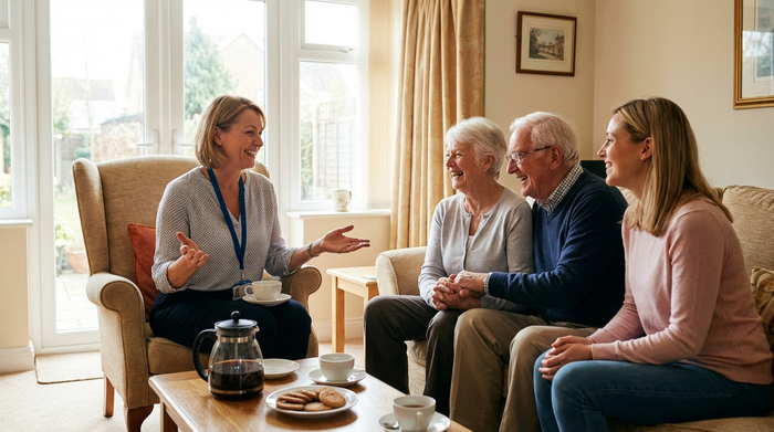 Eine freundliche Pflegedienstleitung im Gespräch mit einer Seniorenfamilie im heimischen Wohnzimmer. Alle sitzen entspannt zusammen, trinken Kaffee und tauschen sich aus. Offene Gestik, sympathisches Lächeln, helles Ambiente.