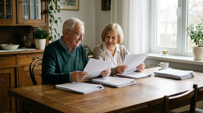 Ein älteres Ehepaar ordnet Papiere an einem Holztisch, im Hintergrund unscharf eine Kaffeetasse. Die Szene wirkt ordentlich und ruhig, sanftes Morgenlicht fällt durch das Fenster.