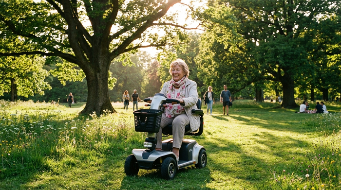 Eine ältere Dame fährt glücklich und selbstständig mit einem modernen Elektromobil durch einen grünen, sonnigen Park mit großen Bäumen. Realistische Szene, lebendige Farben, entspannte Atmosphäre.