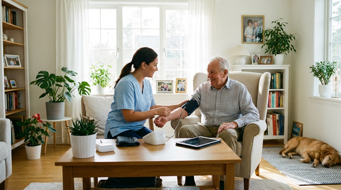 Eine engagierte Pflegekraft in einem hellblauen Kasack misst den Blutdruck eines älteren Herrn in seinem heimischen Wohnzimmer. Helle, saubere Umgebung, medizinische Ausrüstung ist dezent sichtbar auf dem Tisch platziert.
