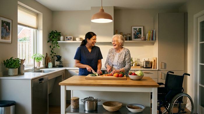 Eine herzliche Betreuungskraft kocht gemeinsam mit einem fröhlichen Senioren in einer modernen, barrierefreien Küche. Beide lachen und schneiden frisches Gemüse. Warme, familiäre Lichtstimmung und ein aufgeräumtes Umfeld.