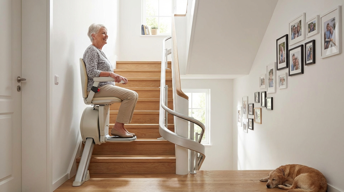Ein moderner, unauffälliger Treppenlift in einem gepflegten Einfamilienhaus. Eine ältere Dame fährt sicher und entspannt die Holztreppe hinauf. Helles Treppenhaus mit schönen Familienfotos an der weißen Wand.