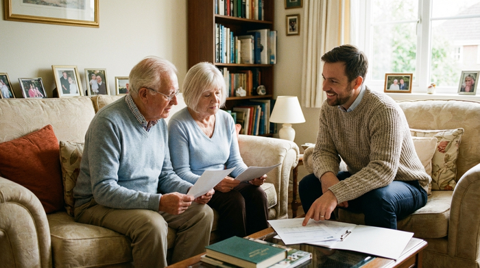 Ein älteres Ehepaar sitzt mit einem freundlichen Pflegeberater auf dem heimischen Sofa und schaut sich gemeinsam Dokumente an. Der Berater erklärt geduldig die nächsten Schritte. Vertrauensvolle, ruhige Atmosphäre im Wohnzimmer.