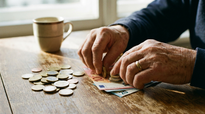 Eine detaillierte Nahaufnahme von älteren Händen, die sorgfältig Münzen und Geldscheine auf einem Holztisch sortieren. Im Hintergrund ist unscharf eine Kaffeetasse zu erkennen. Helle, realistische Szene, die finanzielle Planung symbolisiert.