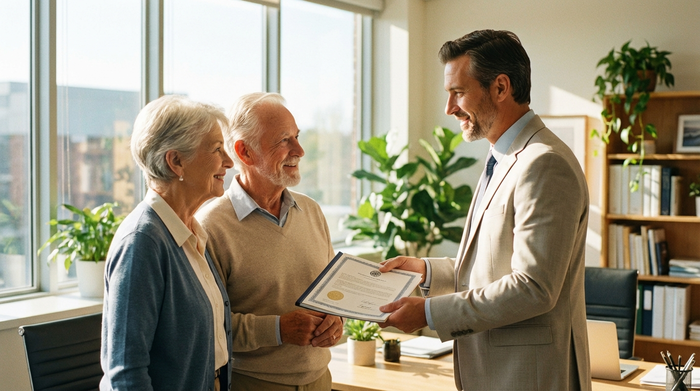 Ein freundlicher Berater in einem hellen Büro überreicht einem lächelnden Seniorenpaar ein offiziell aussehendes Dokument. Vertrauensvolle Atmosphäre, professionelles Setting, sonnendurchfluteter Raum ohne lesbare Schriften.