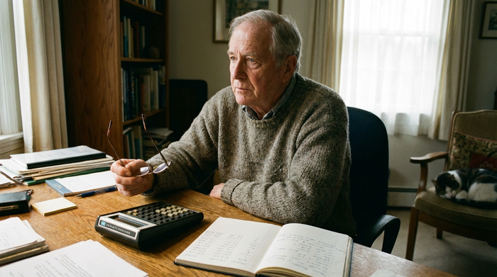 Ein nachdenklicher älterer Herr sitzt an einem Schreibtisch mit einer Lesebrille in der Hand. Ein Taschenrechner und ein Notizbuch liegen vor ihm. Ruhige, konzentrierte Stimmung im heimischen Arbeitszimmer.