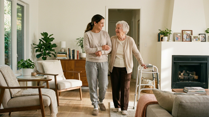 Eine herzliche Pflegerin unterstützt eine ältere Dame liebevoll beim Gehen im eigenen, gemütlichen Wohnzimmer. Im Hintergrund eine moderne, helle Einrichtung. Harmonische und sichere häusliche Pflegesituation.