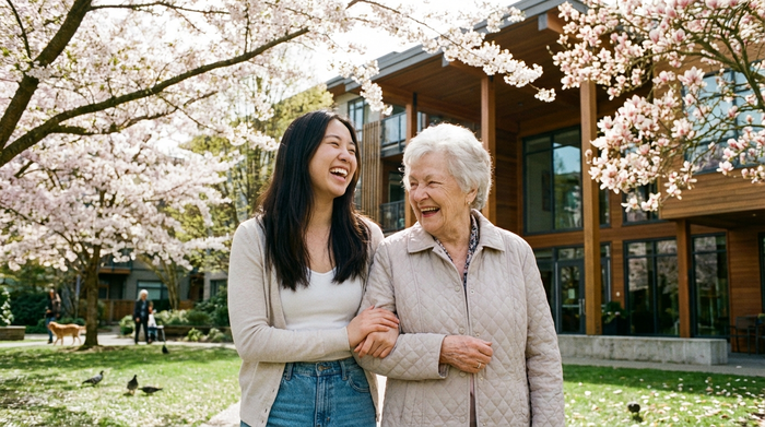 Zwei Frauen, eine jüngere und eine ältere, spazieren Arm in Arm durch den gepflegten Park einer modernen Seniorenresidenz. Frühlingshaftes Wetter, blühende Bäume, entspannte und glückliche Gesichter in der Natur.