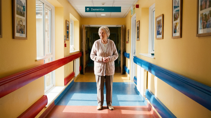 Eine nachdenkliche, ältere Frau steht sicher in einem hellen, demenzgerechten Flur mit farbigen Handläufen. Der Gang ist gut ausgeleuchtet und vermittelt Sicherheit.