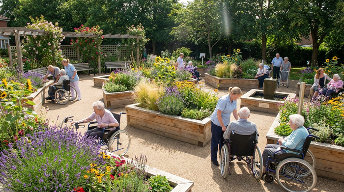 Ein wunderschöner, geschützter Sinnesgarten eines Pflegeheims mit rollstuhlgerechten, geschwungenen Wegen. Bunte Blumen und Hochbeete laden zum Verweilen in der Natur ein.