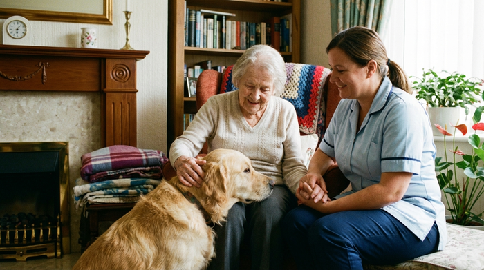 Eine ältere Dame streichelt lächelnd einen sanften Therapiehund in einem gemütlichen Zimmer. Die Pflegekraft sitzt unterstützend daneben. Die Szene strahlt tiefe Verbundenheit aus.