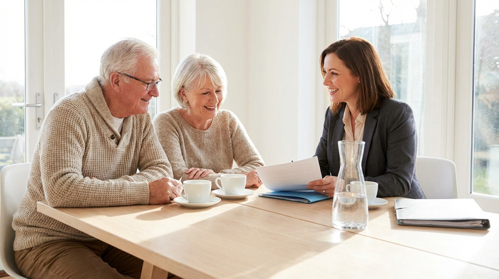 Ein älteres Ehepaar sitzt gemeinsam mit einer Beraterin an einem hellen Holztisch und schaut sich entspannt Unterlagen an. Kaffeetassen stehen auf dem Tisch.