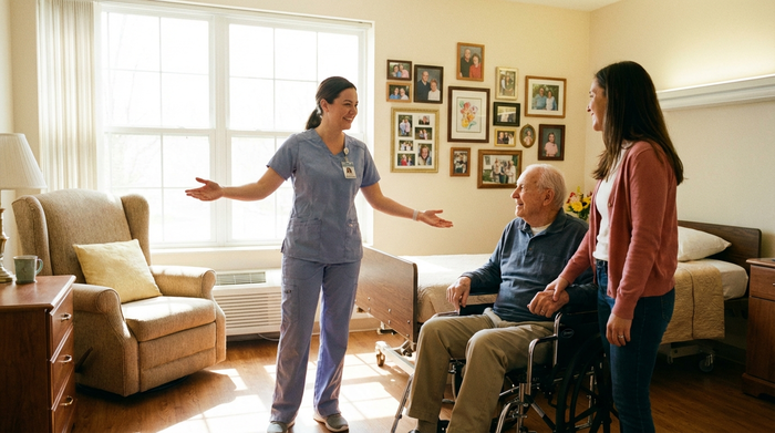 Eine freundliche Pflegekraft zeigt einer Tochter und ihrem älteren Vater ein helles, freundliches Bewohnerzimmer mit persönlichen Bildern an der Wand.
