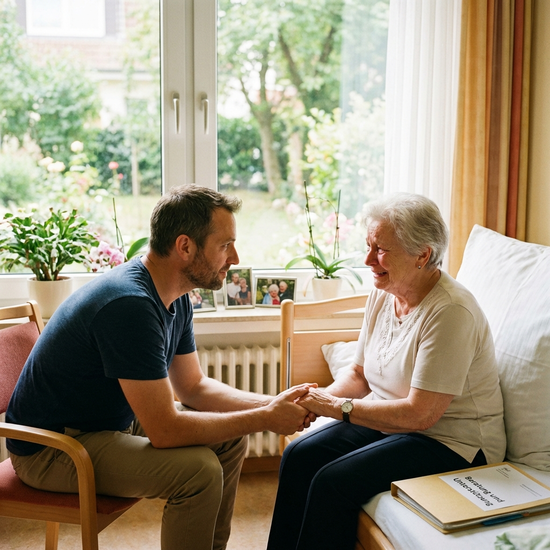 Ein professioneller Sozialarbeiter im einfühlsamen Gespräch mit einer älteren Dame in einem hellen, freundlichen Krankenhauszimmer. Realistischer Stil, Fokus auf Beratung und Vertrauen.