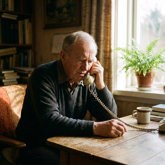 Ein älterer Herr telefoniert konzentriert an einem Holztisch, im Hintergrund unscharf eine Kaffeetasse und eine Pflanze. Natürliches Licht, ruhige Stimmung, keine Texte.