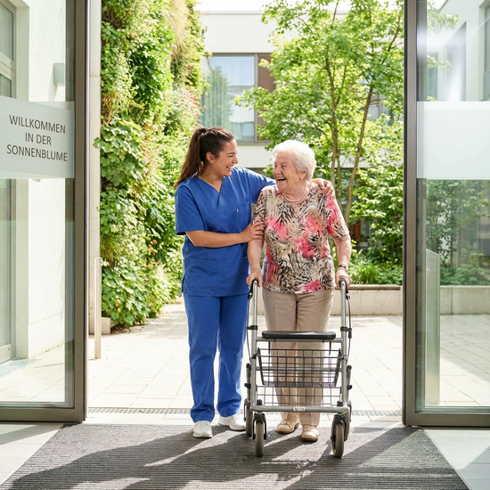 Eine aufgeschlossene Pflegekraft begrüßt eine Seniorin herzlich am Eingang einer modernen, lichtdurchfluteten Pflegeeinrichtung. Pflanzen im Hintergrund, positive und einladende Stimmung.