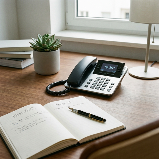 Ein aufgeschlagenes Notizbuch mit einem Stift auf einem aufgeräumten Schreibtisch, daneben ein modernes Festnetztelefon. Fokus auf Organisation, saubere Umgebung, fotorealistisch.