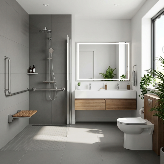 Ein modernes, barrierefreies Badezimmer mit einer ebenerdigen Dusche, eleganten Haltegriffen und rutschfesten Fliesen. Hell, sauber, sicher und stilvoll eingerichtet.