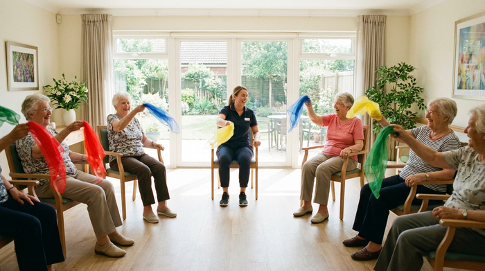 Eine Gruppe fröhlicher Senioren sitzt in einem hellen Raum im Kreis und macht leichte Sitzgymnastik mit bunten Tüchern. Eine motivierte Betreuungskraft macht die Übungen vor. Angenehme, saubere Umgebung, tageslichtdurchflutet, fotorealistisch.