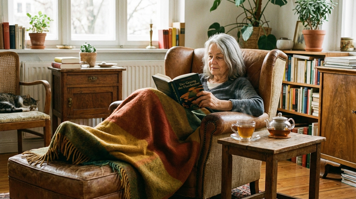 Eine ältere Dame mit grauen Haaren sitzt entspannt in einem bequemen Ruhesessel und liest ein Buch. Eine weiche Decke liegt über ihren Beinen. Neben ihr steht eine Tasse Tee auf einem kleinen Holztisch. Warme Farben, gemütliche Einrichtung, fotorealistisch.