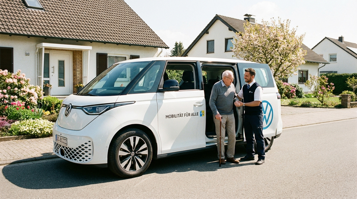 Ein moderner, weißer Kleinbus mit geöffneter Schiebetür steht vor einem gepflegten Einfamilienhaus. Ein freundlicher Fahrer hilft einem älteren Mann behutsam beim Einstieg. Sonniges Wetter, saubere Straße, realistische Szene.