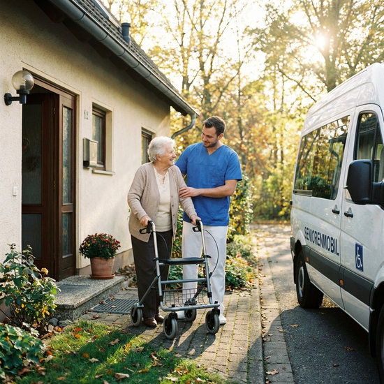 Ein geduldiger Pfleger begleitet eine ältere Dame mit Rollator sanft aus ihrer Haustür zu einem wartenden Transportfahrzeug. Warme, vertrauensvolle Atmosphäre, sonniger Morgen.